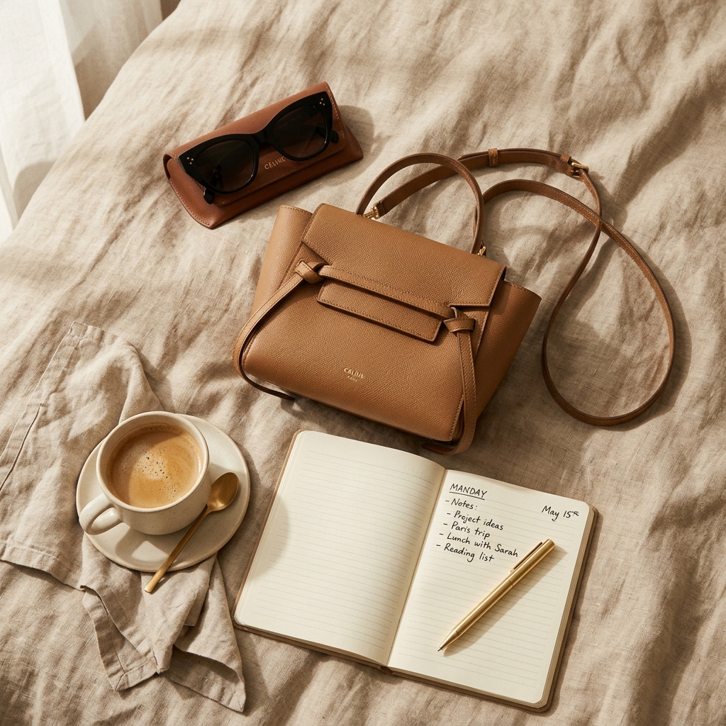 Minimalist flat lay UGC photography with handbag and planner