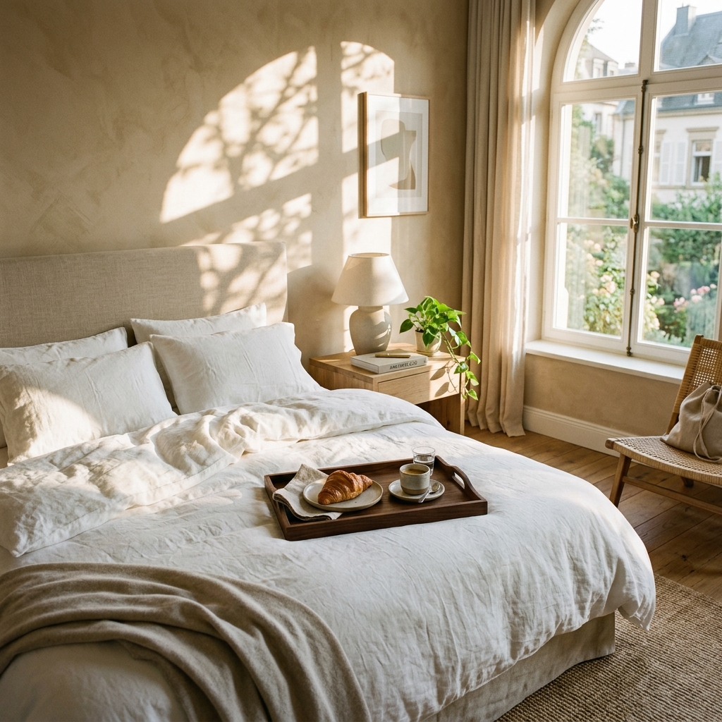 Aesthetic cozy boutique hotel bedroom detail